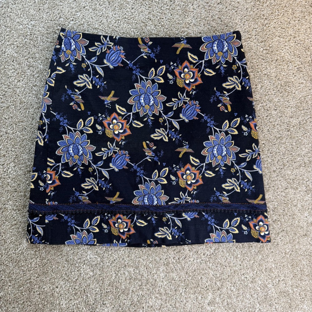 LOFT Skirt Womens 6 Blue Floral Lace Hem Short Lined Cotton Blend Pencil